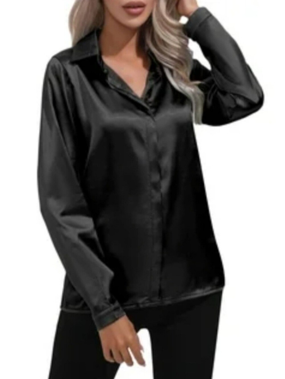KFAB Designs Black Satin Faux Button Long Sleeve Blouse NWOT Medium Luxury - Picture 5 of 9